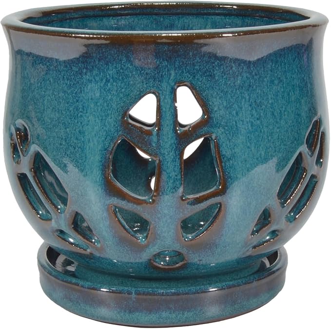 W&W Orchid Pot with Holes and Saucer for Repotting, Teal, 6.5 Inches