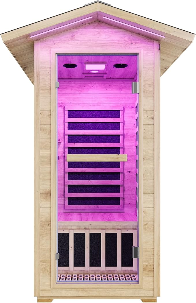 Albott Outdoor Sauna 1 Person, Infrared Saunas for Home, Low EMF 1245W/110V Spruce Wood Dry Sauna with Tourmaline Stone Foot Warmer, 7-Color Light Therapy & 2 Bluetooth Speakers, 33.5"x35.4"x78.7"