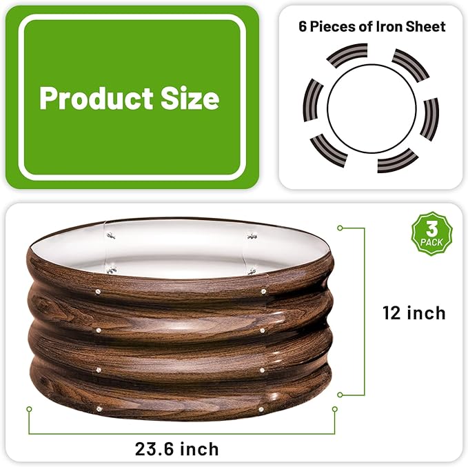 SnugNiture 3 Pcs 2x2x1ft Round Galvanized Raised Garden Bed Kit Outdoor, Metal Planter Box for Planting Plants Vegetables, Brown