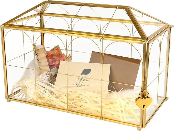 Wedding Glass Cards Box with Slot - 10.26 x 5.91 x 7.99 inch, Envelope Card for Birthday Party Reception Box, Home Tabletop Decor Clear Black Terrarium with Lock Glass Terrarium
