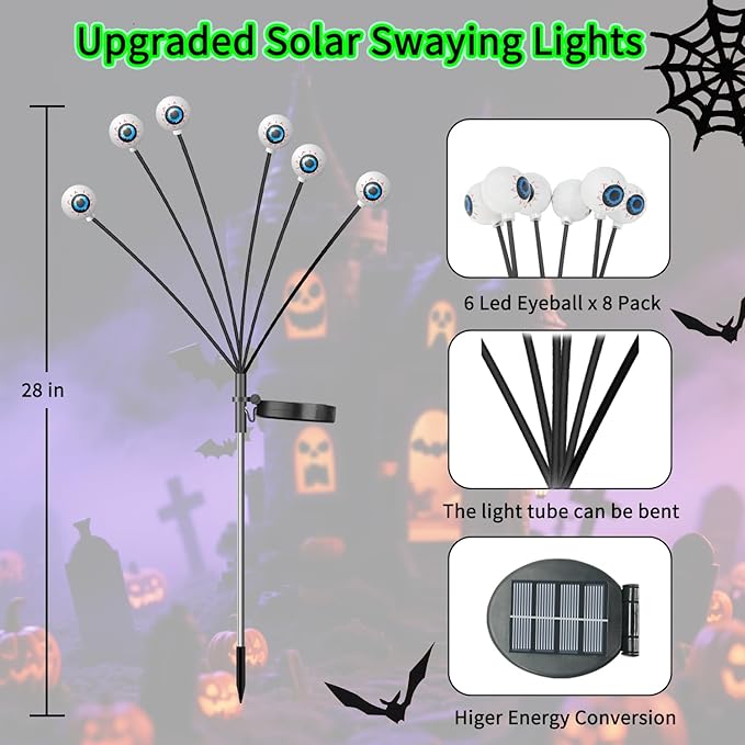 VOTTGO Halloween Solar Lights Outdoor, 2 Pack 12LED Scary Solar Eyeball Pathway Lights, 2 Modes Waterproof Swaying Firefly Light for Garden Yard Pathway Halloween Decorations, Green