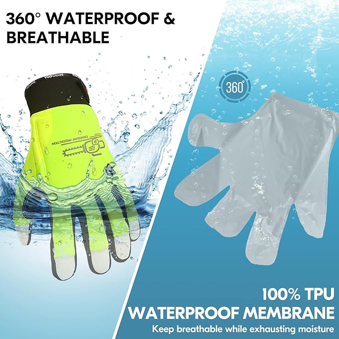 Vgo... 1Pair Chainsaw Winter Gloves,12-Layer Chainsaw Protection on Both Hands Back,Safety Cow Leather Work Gloves,Mechanic Gloves(Size L,Hi-Viz Green,CA9760FLWP)