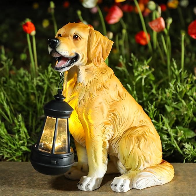 Garden Dog Statues Outdoor Decor, Solar Lights Outdoor Golden Retriever Figurine Solar Dog Ornaments for Patio, Lawn, Yard Art Decoration, Housewarming Garden Gift