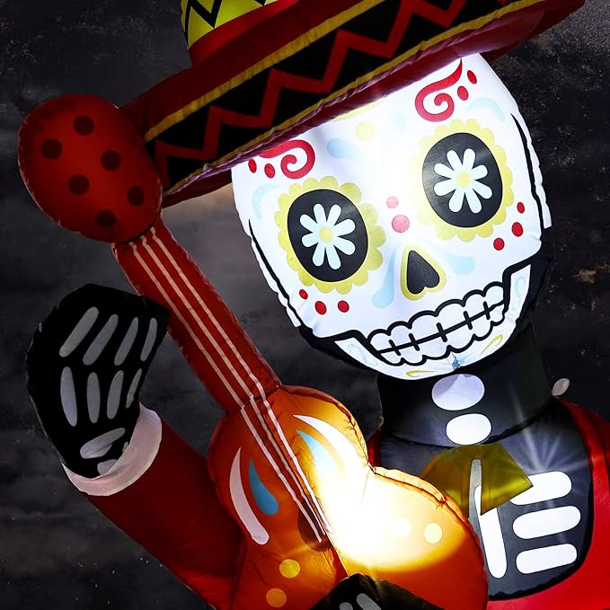 WBHome 4 Ft Halloween Inflatable Outdoor Skull Guitar Decorations, Day of The Dead Blow Up Yard Decor with Built-in LED Light (Plug in) for Lawn Home Dia de Los Muertos Party Indoor Outdoor