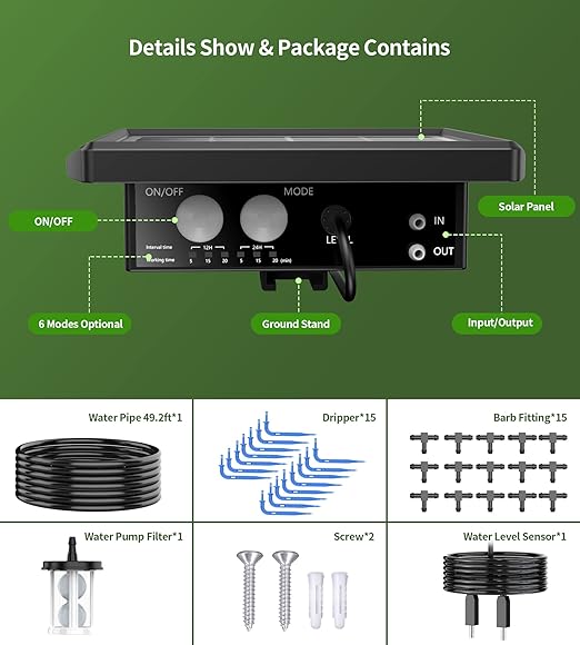 Solar Auto Drip Irrigation Kit System, Solar Powered Plants Watering System, Self Watering Devices Supported 15Pots with 6Timing Modes, Irrigation System for Indoor and Outdoor,Balcony Patio & Garden