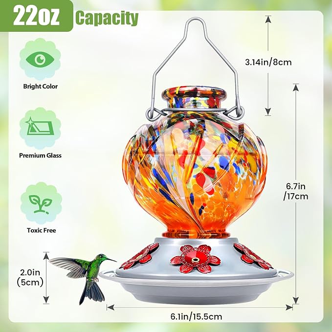 BOLITE Hummingbird Feeder, Hand Blown Glass Hummingbird Feeders for Outdoors Hanging, with 5 Feeding Ports, 22 Ounces, Peony Flower Shape, Orange, Gifts for Women Men, Gifts for Mom Dad