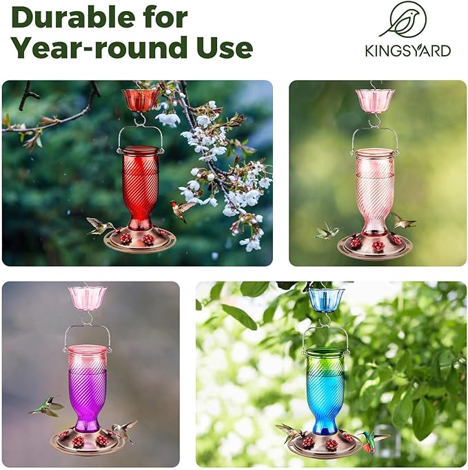 Kingsyard Glass Hummingbird Feeders for Outdoors, 24 oz Hummingbird Nectar Feeder for Outdoors Garden Yard D�cor, 6 Feeding Ports, Ant Moat Included, Easy to Clean & Refill, Purple