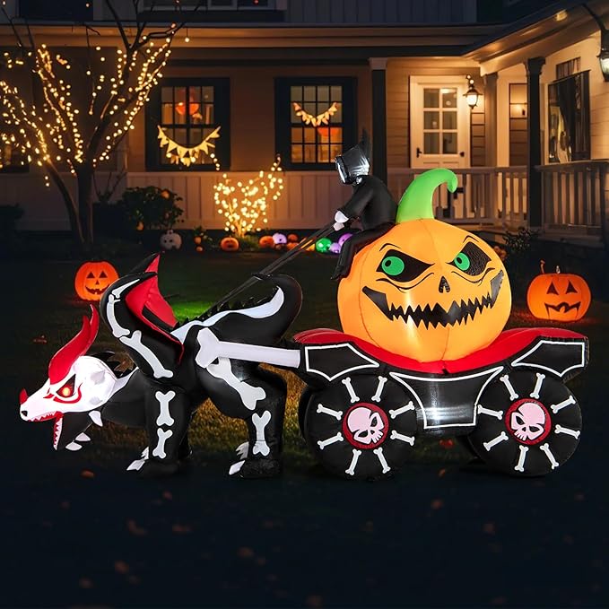 Goplus 9 FT Halloween Inflatable Outdoor Decoration, Blow up Grim Reaper Driving Pumpkin Carriage with Skeleton Dragon & Skull Wheels, Built-in LED Lights, Holiday Decorations for Garden, Yard & Lawn