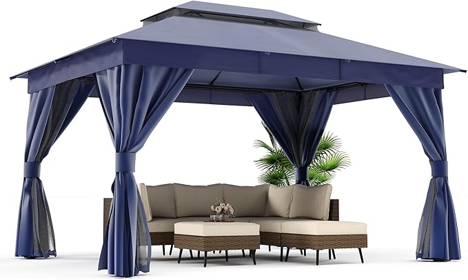 LAUSAINT HOME Outdoor Patio Gazebo 10'x13' with Expansion Bolts, Heavy Duty Gazebos Shelter Party Tent with Double Roofs, Mosquito Nettings and Privacy Screens for Backyard, Garden, Lawn, Navy Blue