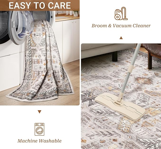 10x14 Area Rugs,Ultra-Thin Washable Rugs for Living Room,Non-Slip Lightweight Foldable Area Rug,Stain Resistant Vintage Large Rugs (Brown/Gold, 10'x14')