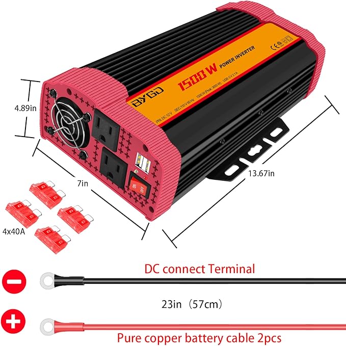 1500W Car Power Inverter DC 12V to AC 110V Car Converter Charger Adapter with Dual Outlets and 4.2A Dual USB Ports DC to AC Power Inverter for Truck Outdoor Home Camping RV Hurricane Emergency Red