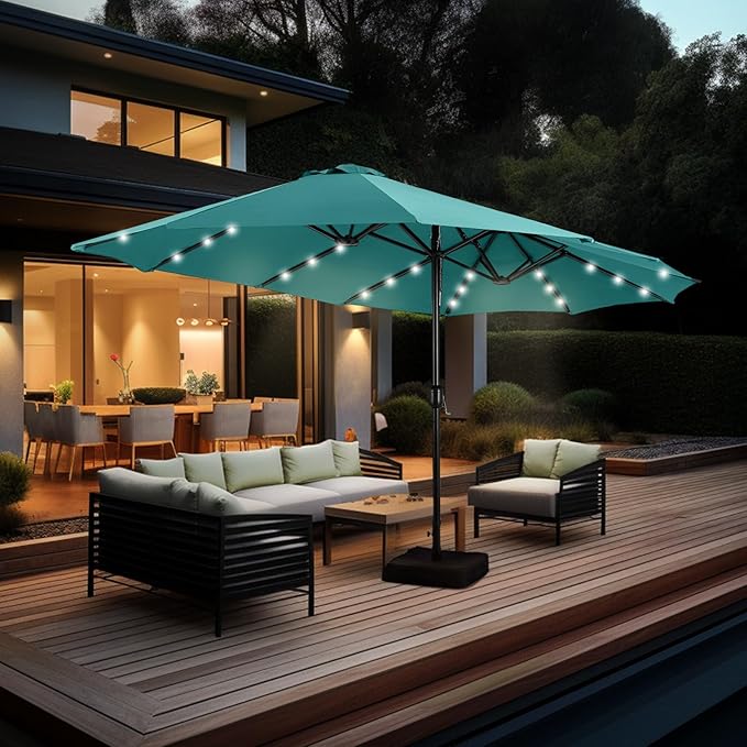 GREEN PARTY 15 ft Rectangle Patio Umbrella with Solar Lights and Base Included, Double-Sided Market Table Umbrella with Crank, Large Outdoor Umbrellas for Patio Poolside Garden Backyard, Turquoise