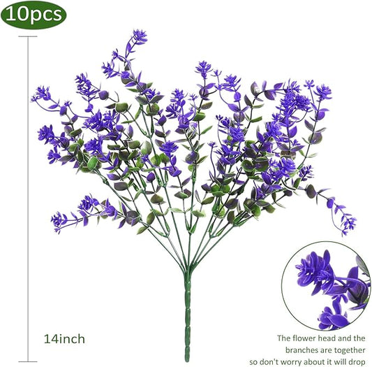 RECUTMS Fake Outdoor Flowers Artificial Flowers Plants for Window Boxes Spring Outdoor Home Decoration, 10 Bundles Fake Faux Eucalyptus for Outside Home Planter Porch Patio Window Yard Decor(Purple)