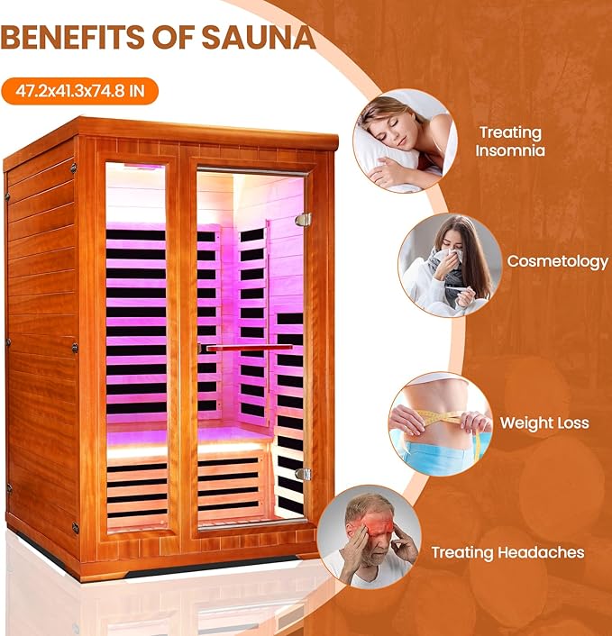 2 Person Sauna Infrared Sauna Room Far Infrared for Sauna Home Indoor 1880W/110V Low-EMF Wood Okoume Dry Sauna Two Person Sauna with Air Hole, 7 Color Therapy, Speaker (47.2 * 41.3 * 74.8 in)