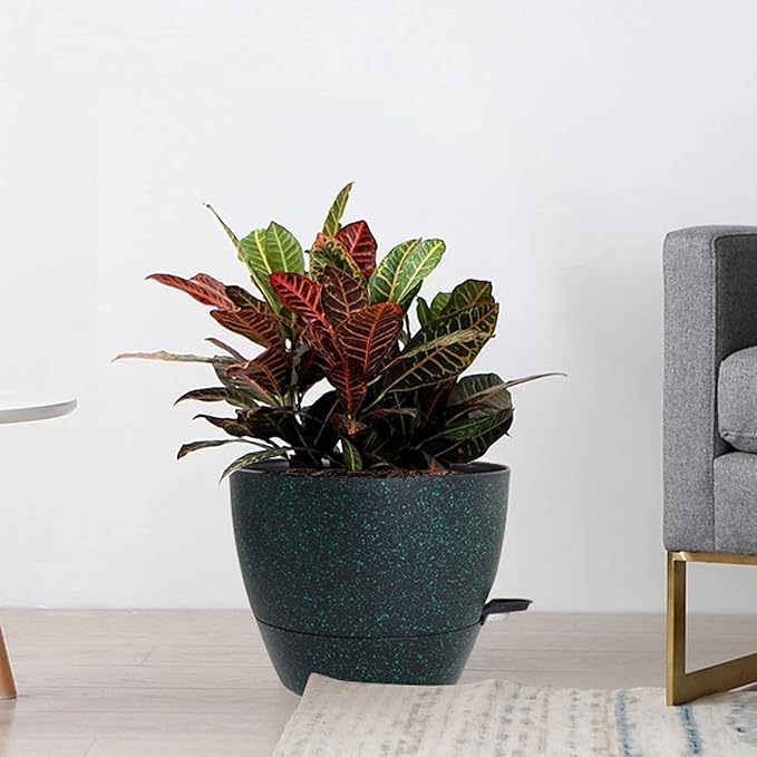 10/9/8 inch Self Watering Pots, Set of 3 Plastic Planters with Mesh Drainage Holes and Deep Reservoir for Indoor Outdoor Garden Plants and Flowers, Black with Green Speckles