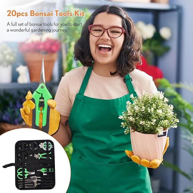 Bonsai Tools Kit 20 Pcs Garden Tools Set for Beginner, Includes Bonsai Wire Kit, Plant Mat, Pruning Shears, Bonsai Scissors, Succulent Tools in Leather Storage Bag, Gardening Gift for Women Men