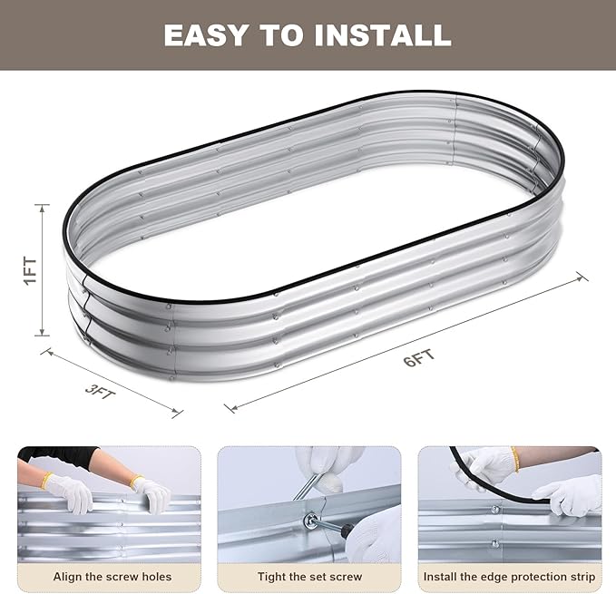 Raised Garden Bed, 6x3x1ft Galvanized Outdoor Planter Beds with Safety Edging and Gloves, Oval Metal Planter Box for Gardening Vegetables Flowers Herb