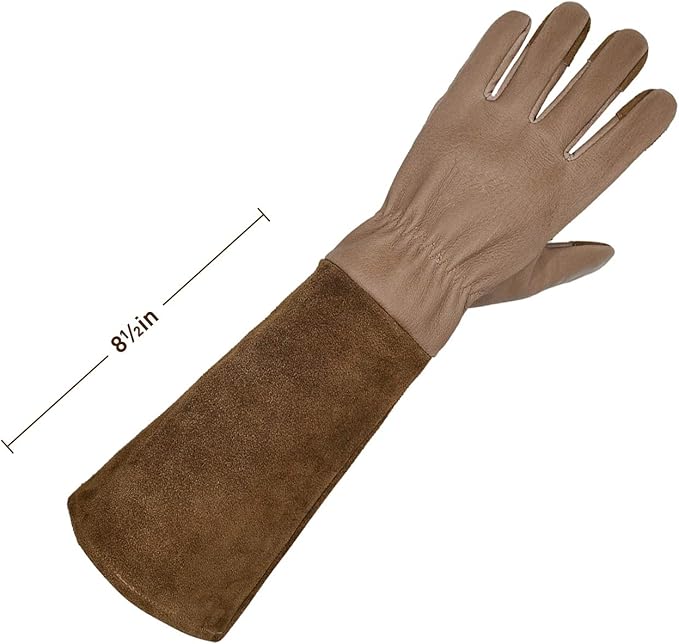 HANDLANDY Long Gardening Gloves for Men & Women, Cowhide Leather Rose Pruning Gloves- Breathable & Durable Gauntlet Gloves (Small, Brown)
