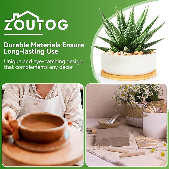 ZOUTOG Plant Pot 6 Inch, Ceramic Succulent Pots for Flower with Drainage Hole & Bamboo Tray, Higher White Round Pack of 2 with Home, Office, Indoor or Outdoor Decor - Plants Not Included