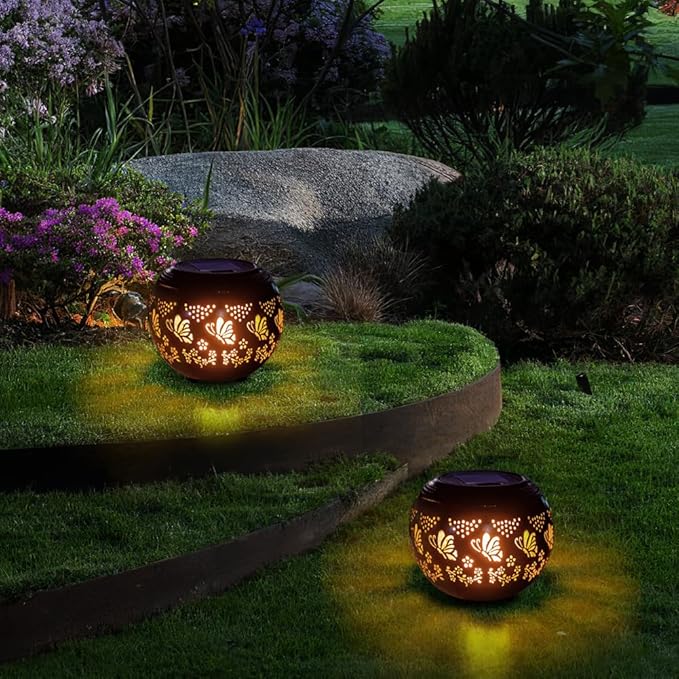 VEWOGARDEN 2 Pack Solar Lanterns Outdoor Waterproof Solar Lantern Hollow Out Metal Butterfly Lantern Solar Lights for Patio Garden Table Decor