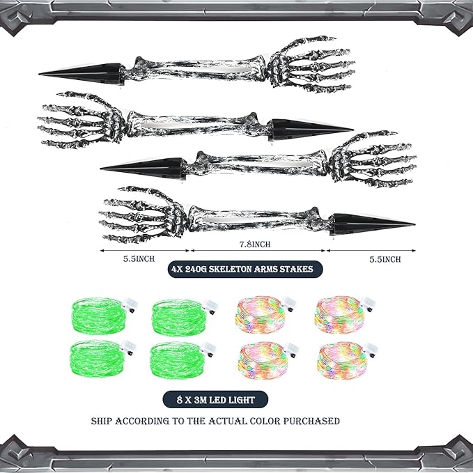 Halloween Lighted Skeleton Hands Set, 4 Pack Light Up Skeleton Arm Stakes, 4 x 3m 240 LED Green & Warm Lights with 3 Modes, Realistic Halloween Yard Outdoor Decorations Graveyard Garden