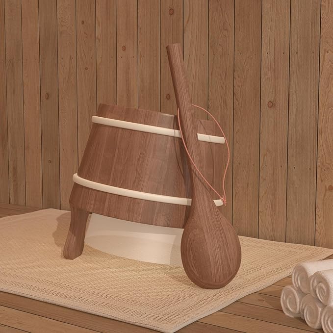 Sauna Bucket and Ladle, Sauna Accessories Made of Hand-Made Red Cedar, Wooden Sauna Set with Plastic Lining and Handle