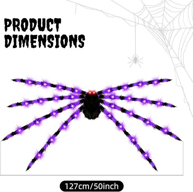 2 Pack 50" Halloween Light Up Spiders, Giant Hairy Spider Decorations with Green and Purple LED Lights, Scary Outdoor Indoor Halloween Decor for Yard, Porch, Tree, Party, Haunted House