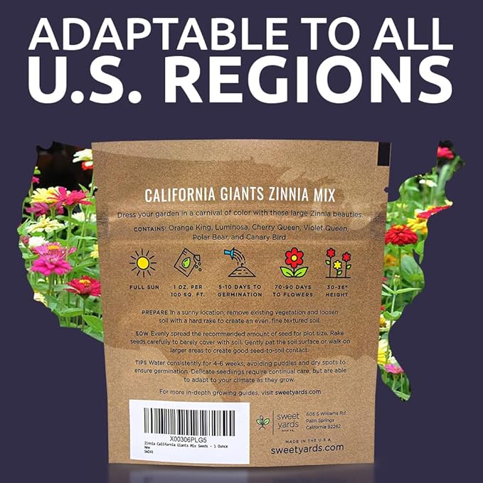 Zinnia Seeds - California Giants Mix - Large 1 Ounce Packet - 3,000 Flower Seeds - Mixed Colors and Large Blooms