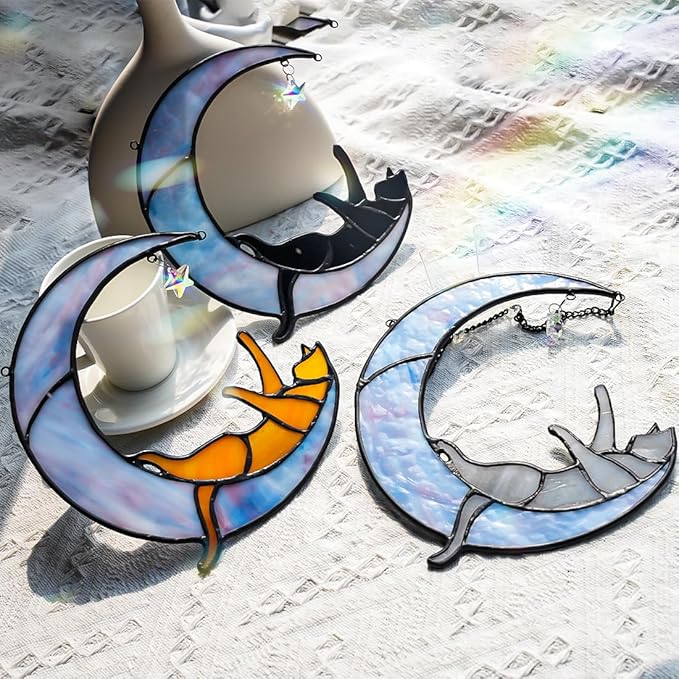 Colorful Crystal Star Grey Cat Decor,Stained Glass Suncatcher for Window Hanging,Birthday Gifts for Cat Lovers Suncatcher Indoor Window, for Women