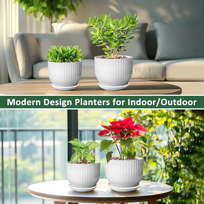 6.7 + 5.5 Inch Plant Pot, Ceramic Planter with Drainage and Saucer, Ceramic Pots for Plants, Indoor Plant pots,Ceramic Flower pots(Pure White, Plants NOT Included)