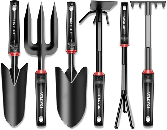 Gardening Tools Set, 6 Pieces Heavy Duty Rust-Proof Gardening Tool Kit, Ergonomic Soft Rubber Handles, Includes Trowels, Rakes, Weeding Tool, and Hand Fork for Digging, Planting, Weeding