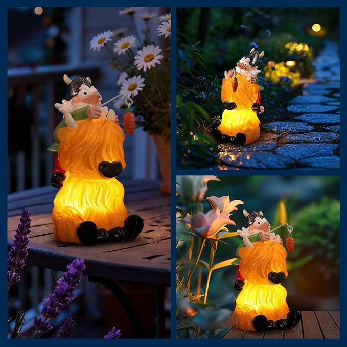 Garden Statue–Grome&Highland Cow Outdoor Decor Solar Light for Yard, Patio or Balcony–Eco-Friendly Resin Figurine Gift for Parents, Friends, Coworkers–Christmas, White Elephant, Thanksgiving, Birthday