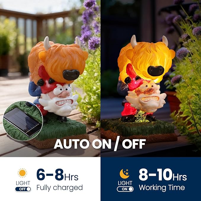 Garden Statue–Grome&Highland Cow Outdoor Decor Solar Light for Yard, Patio or Balcony–Eco-Friendly Resin Figurine Gift for Parents, Friends, Coworkers–Christmas, White Elephant, Thanksgiving, Birthday