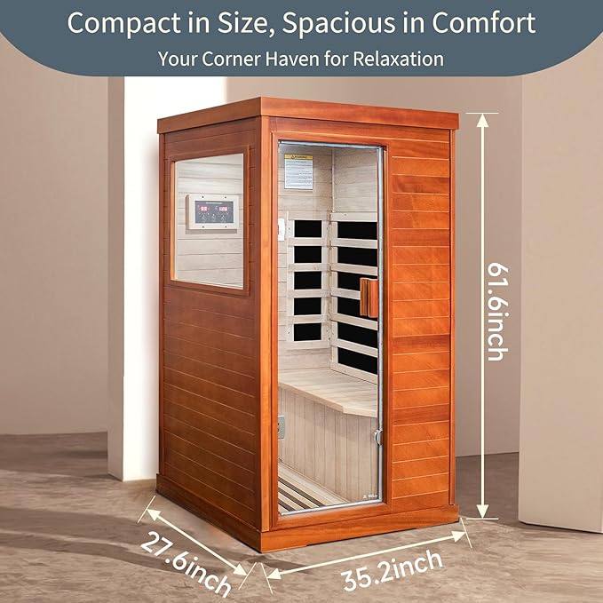 Far Infrared Sauna for Home Dry Sauna for Home Wood Sauna Room 1 Person Infrared Sauna Indoor One Person Sauna Low EMF Okoume Wood Sauna with Control Panel, Speakers and Tempered Glass Door