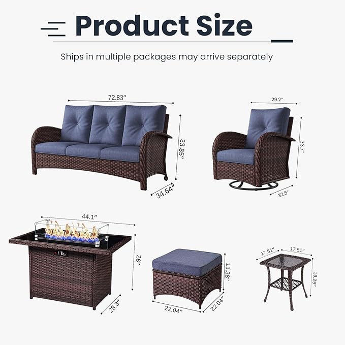 7 Pieces Patio Furniture Sets with Fire Pit Table, Wicker Rattan High Back Outdoor Swivel Rocking Chairs Set with 3-Seat Couch, Ottomans and Side Table