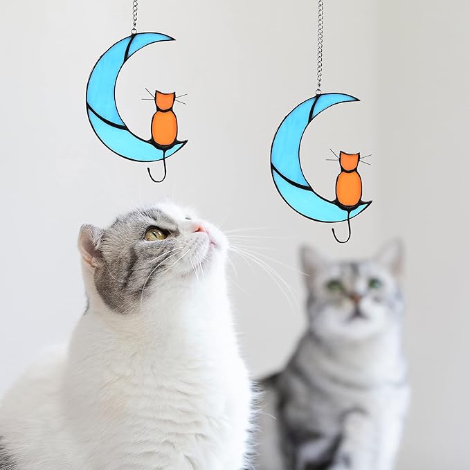 Cat Decor Stained Glass Moon Decor Window Hanging Ornament Garden Suncatcher Gifts for Cat Lover for Women Memorial Gifts Cat Gift (Orange Cat on Blue Moon)