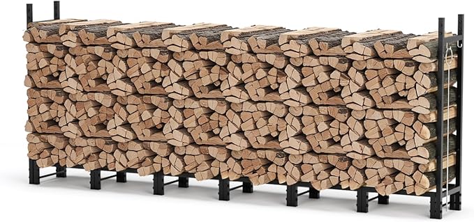 8FT Outdoor Firewood Rack, Heavy Duty Fire Log Stacker Stand for Wood Storage, Firewood Holder with Outdoor Indoor Firewood Carrier for Fireplace, Patio