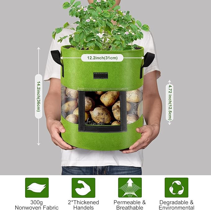 Visible Tomato/Strawberry/Sweet Potato/Carrot/Potato Grow Bags 7 Gallon 3-Pack, Heavy Duty Thickened Aeration Nonwoven Fabric Pots with Handles, Come with 3-Pcs Plant Labels&Lens Hoods