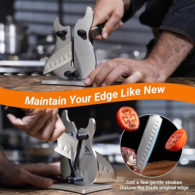 Professional Knife Sharpener for Kitchen, 3-Action Blade Sharpener with Tungsten Carbide, Auto Adjustable Brushed Stainless Steel Manual Sharpener for Serrated, Beveled, Standard Blades