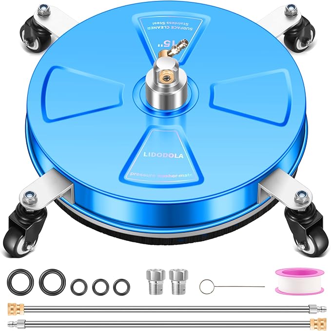15" Pressure Washer Surface Cleaner with 4 Wheels - Coated Blue Stainless Steel Surface Cleaner for Pressure Washer Attachment for Concrete, Driveway, Patio, Sidewalk, Deck and Driveways - PWS15B