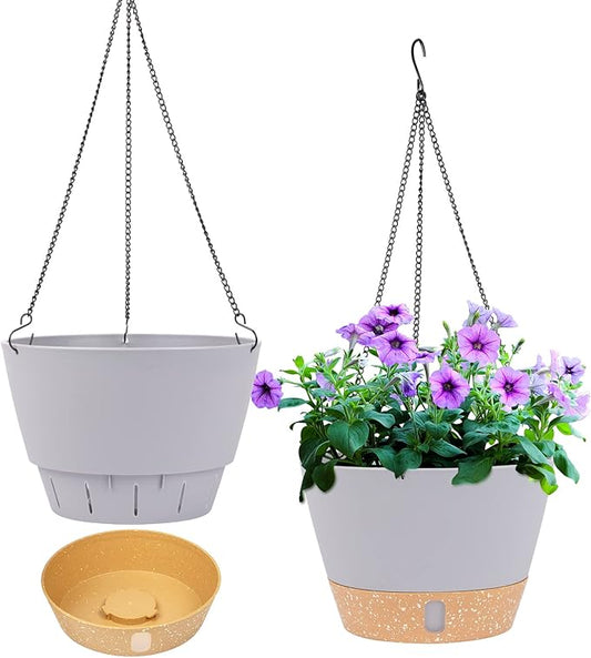 QCQHDU 2 Pack 8 inch Hanging Planters for Indoor Plants, Outdoor Hanging Baskets, Self Watering Pots with Drainage Holes & Removable Tray (Light Grey, 8 inch)