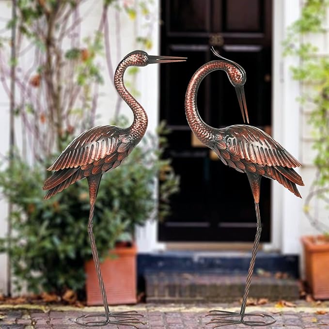 Kircust Crane Garden Sculptures & Statues Heron Decoy Large Size Metal Birds Yard Art Standing Vintage Brass Heron Lawn Ornament Outdoor Decorations 37 Inches Set of 2