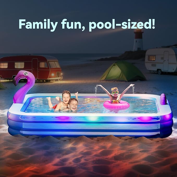 Dragon Inflatable Pool with Lights, Oversized 119"x86"x21" Family Inflatable Kids Pool Flamingo& Swan Inflatable Swimming Pool for Adults Blow up Pool for Backyard(with Electric Pump)