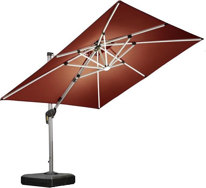PURPLE LEAF 9 Feet Double Top Deluxe Solar Powered LED Square Patio Umbrella Offset Hanging Umbrella Outdoor Market Umbrella Garden Umbrella, Brick Red