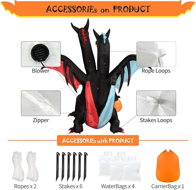DomKom Halloween Inflatable Blow Up Decorations, 8FT Giant Two-Headed Dragon with Pumpkin, Built-in LEDs for Holiday Party, Garden, Lawn, Yard, Patio Décor
