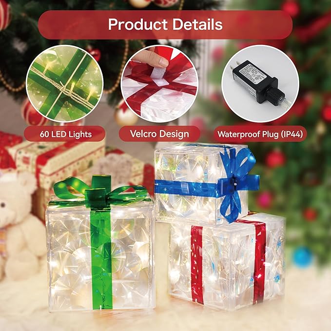 Set of 3 Christmas Lighted Gift Boxes, 60 LED Light Up Present Boxes for Christmas Decorations Indoor Outdoor Yard Xmas Tree Holiday Party Lawn Porch Home Decor (PVC)