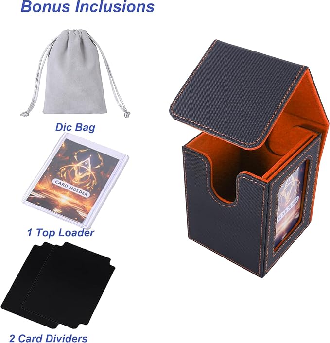 AFIING MTG Deck Box for Commander Display,Card Deck Case Fits 100 Double Sleeved Cards, Magic Commander TCG Card Storage Box with 2 Dividers,Dice Bag and 1 Toploader(Black/Orange)