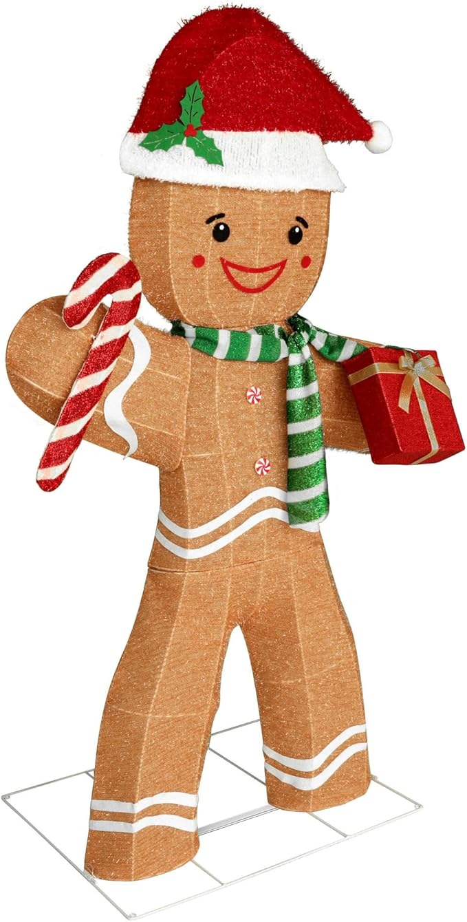 VEIKOU 5FT Gingerbread Man Christmas Decoration with 120 LED for Outdoor Yard Decorations, 2.5D Pre-Lit Gingerbread Man with Candy Cane and Gift Box, Freestanding Glittered Holiday Display