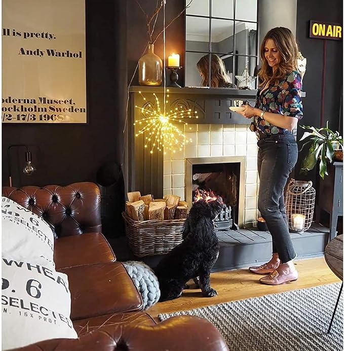 1 Pack Starburst Sphere Lights with Remote Control,200 LED Firework Light, 8 Modes Dimmable Waterproof Hanging Fairy Light, Copper Wire Lights for Patio Parties Christmas (Solar Powered)