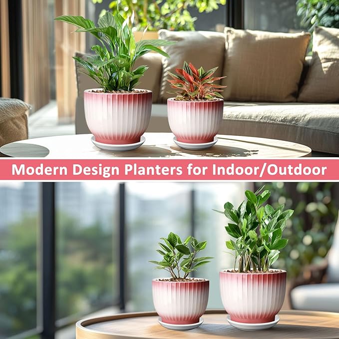 6.7 + 5.5 Inch Plant Pot, Ceramic Planter with Drainage and Saucer, Ceramic Pots for Plants, Indoor Plant pots,Ceramic Flower pots(Pink + White, Plants NOT Included)
